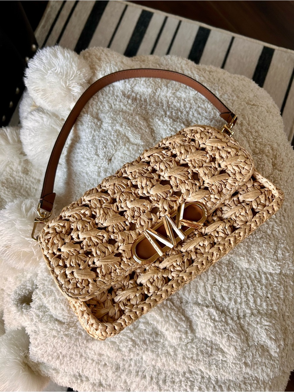 Michael Kors Woven Raffia Shoulder Bag with Gold MK Logo and Tan Strap